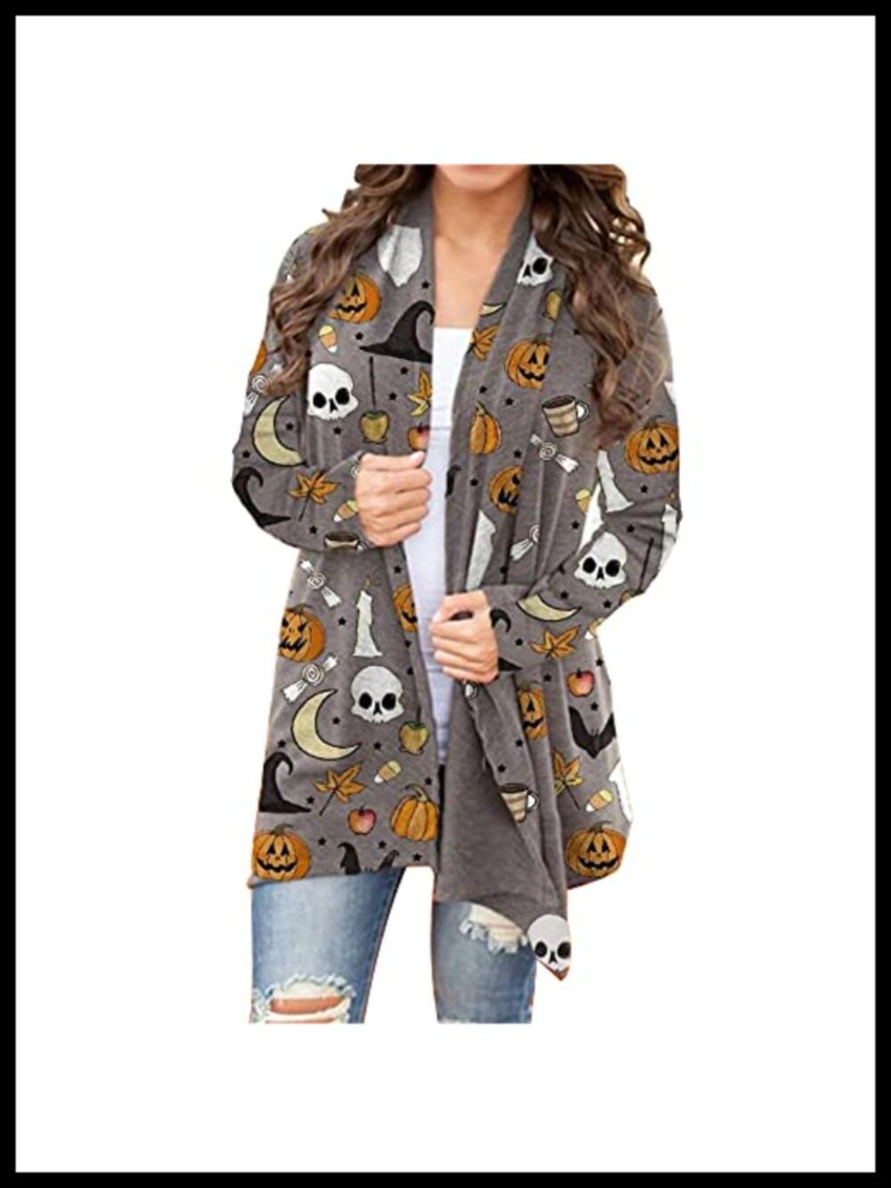 Women's Halloween Cat Pumpkin Cardigan Long Sleeve Open Front Knit Sweater Plus